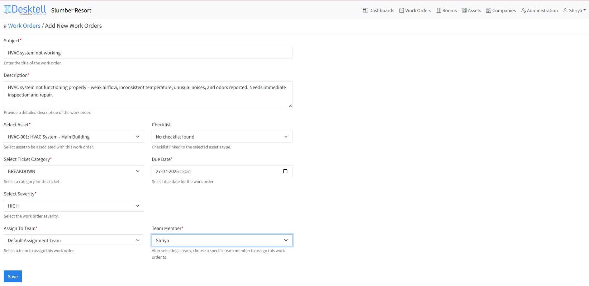 Create New Work Order 